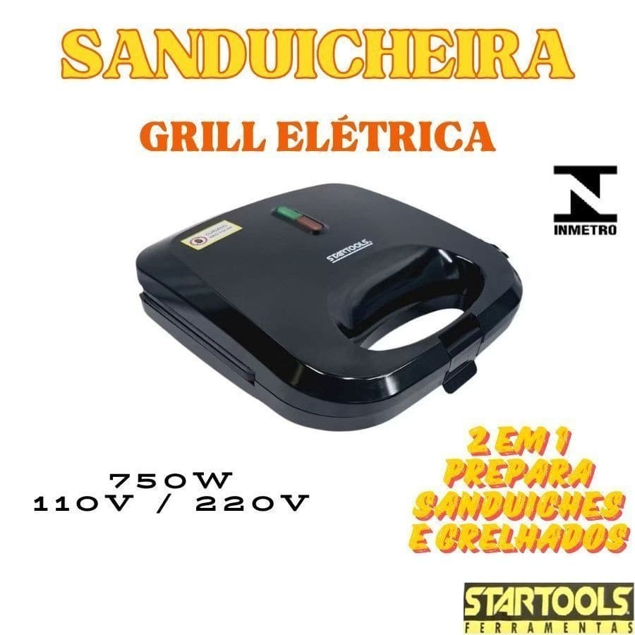 Sanduicheira Grill Elétrica Grelha Duplas 750W 220 Ou 110V 2 Em 1 Sanduíches E Grelhados 21,5x22x7,5