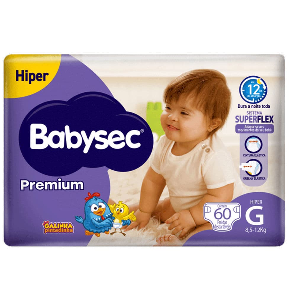 Fralda Descartável Babysec Galinha Pintadinha Premium Hiper G - 60 Unidades