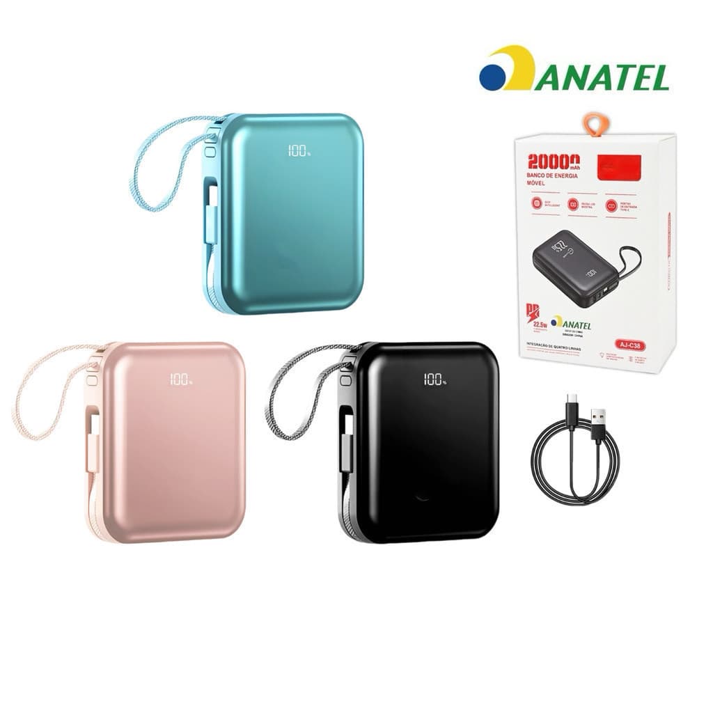 Mini power bank portátil 20.000 mAh com IOS e cabo Tipo C