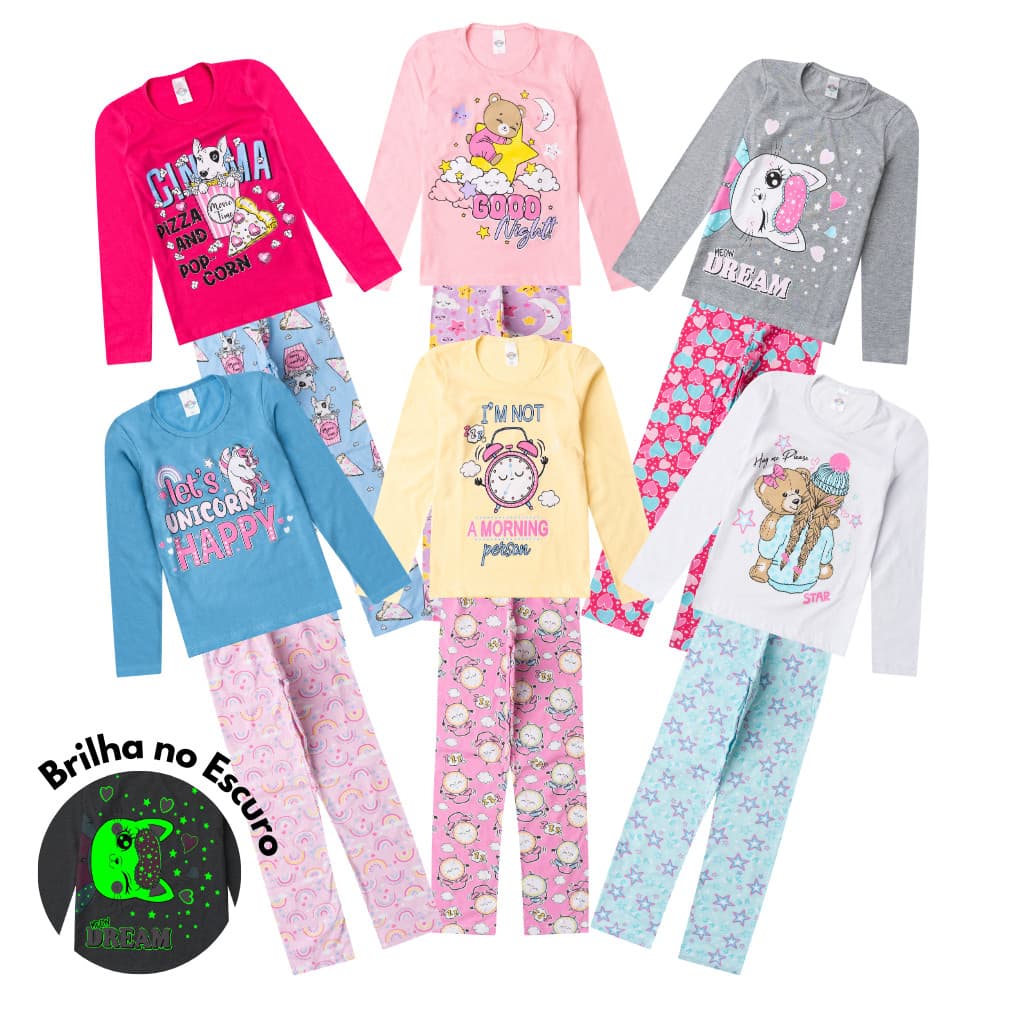 Conjunto Pijama Longo Algodão Juvenil MENINA 10 ao 14 Brilha no Escuro