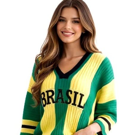 Blusa Tricot Brasil Feminino Decote V Oversize Look Brasil Copa