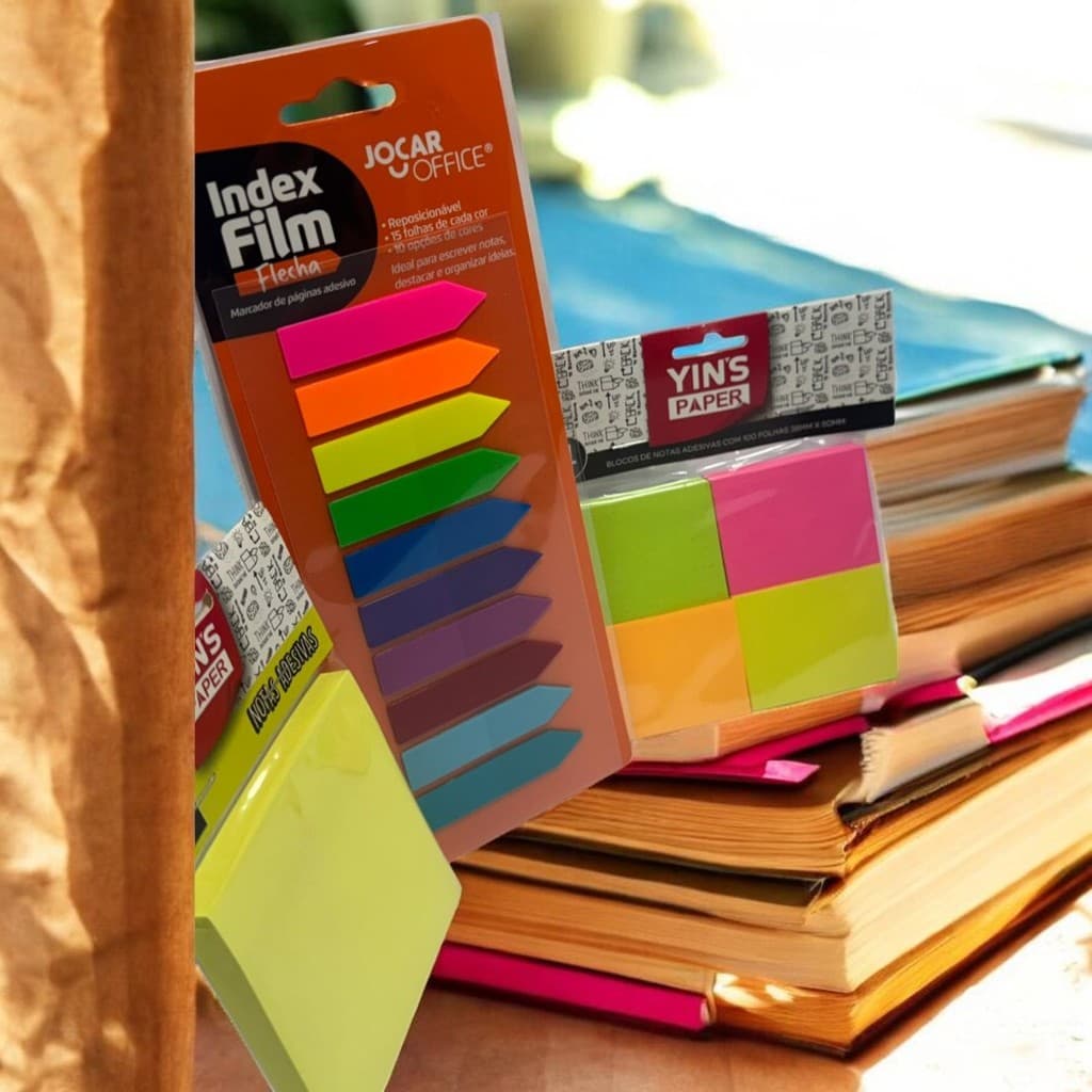 Kit 3 Marcadores de Página Adesivos – Index Film Flecha + Blocos Notas 76x76 e 38x50