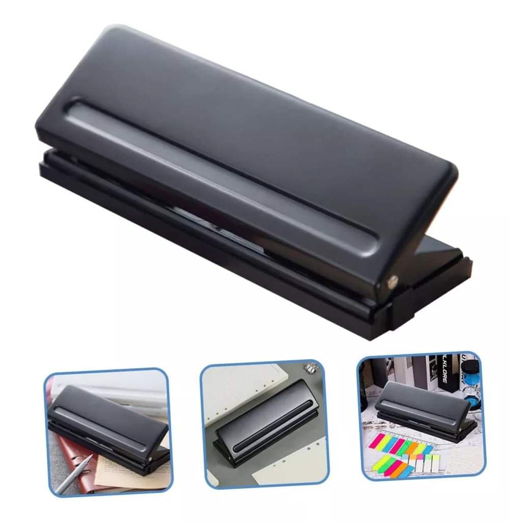 Perfurador preto de 6 furos, perfurador de papel de folhas soltas, distância de furo ajustável, abertura adaptada a 5.5 