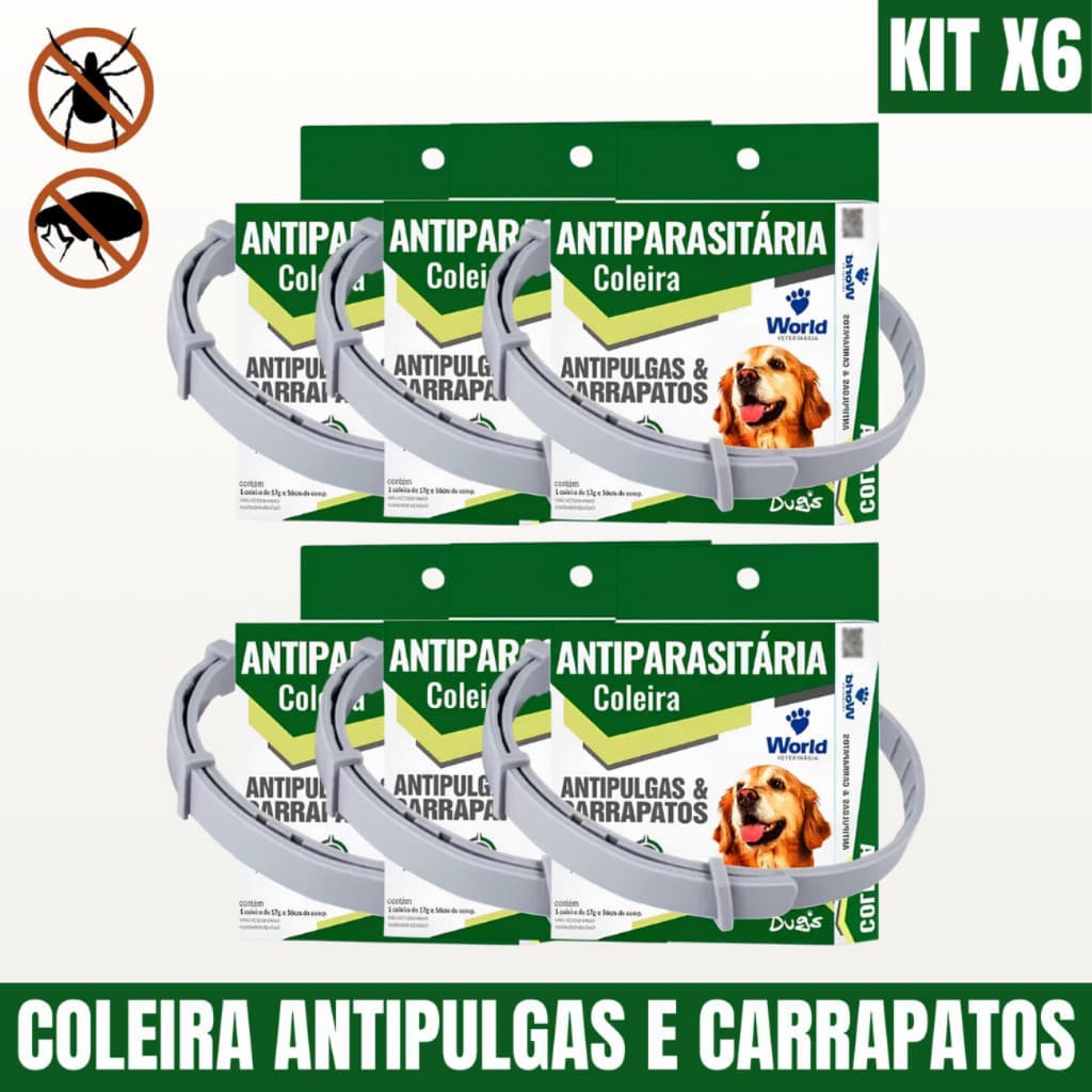 6 Coleiras Antipulgas e Carrapatos Antiparasitária Dugs Para Cães World Veterinária