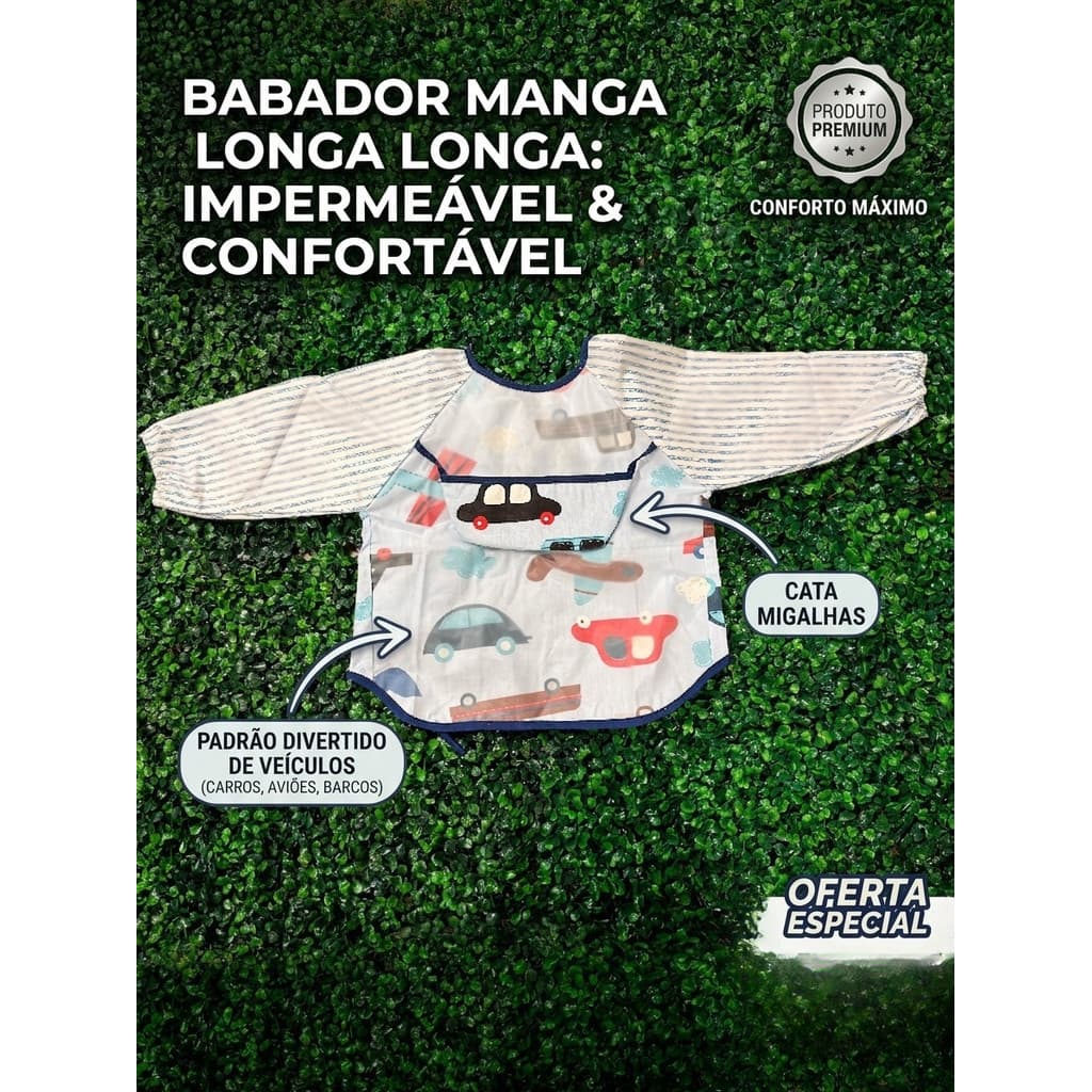 Babador Manga Longa Impermeável Com Cata Migalhas Antisujeira - 2 meses a 2 anos
