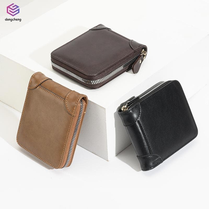 Carteira De Couro Masculina – Porta-Cartões Com Bolso Zíper Moedas Retrô