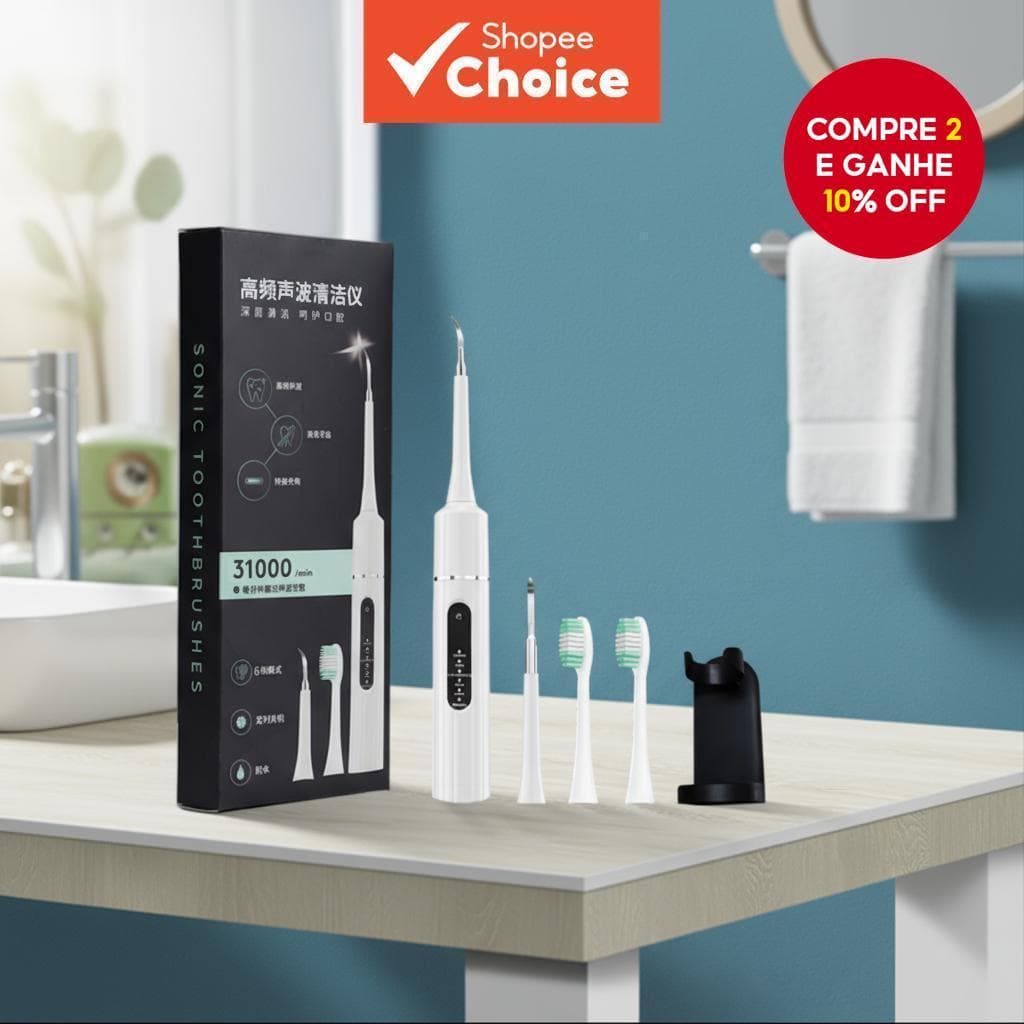  Escova de Dentes Elétrica 2 em 1 para Limpeza de Dentes e Remoção de Tártaro, 5 Modos Ajustáveis, 2 Cabeças