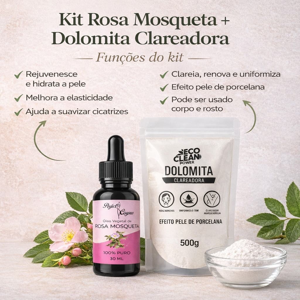 Óleo Vegetal De Rosa Mosqueta 100% Natural 30ml + Dolomita Clareadora 500g