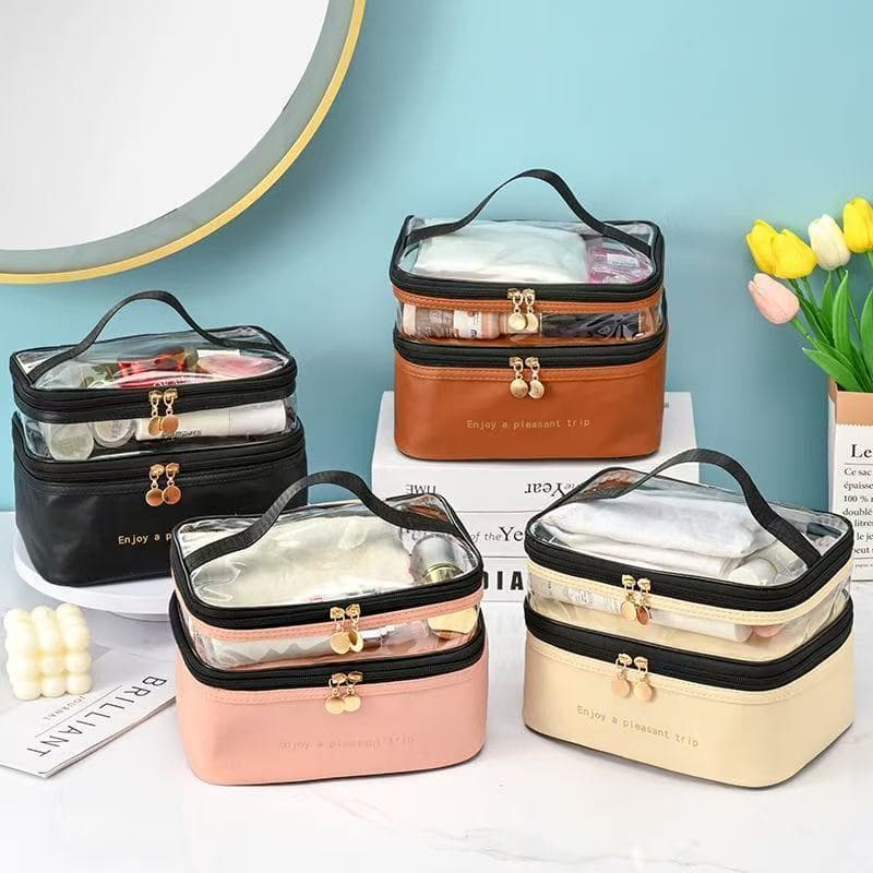 Necessaire Camada Divisória Dupla Organizador Cosmetico Transparente A Prova de Água Portátil Viagen Grande Capacidade