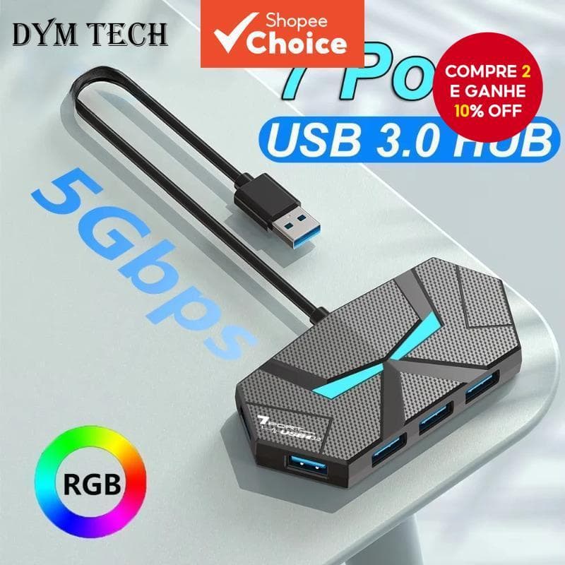 Portas USB Docking Station Luz Colorida Tipo C Divisor Adaptador Transmissão De Alta Velocidade PD Fonte De Alimentação 