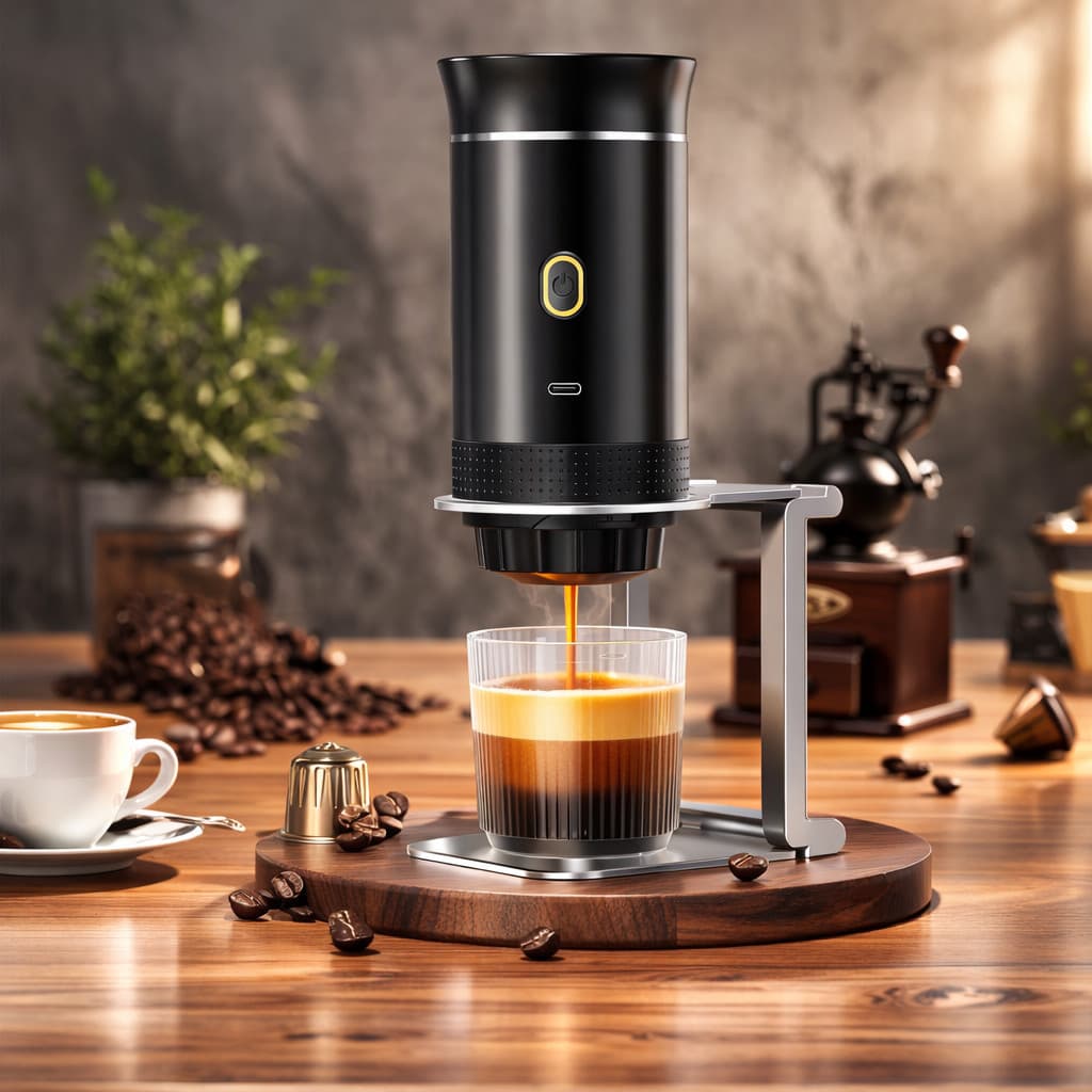 Máquina de Café Expresso Portátil 3 em 1 Elétrica Recarregável Compatível com Cápsulas e Café Moído Compacta