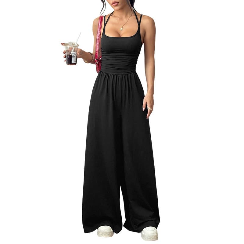 Solto Casual feminino de uma peça larga envolto calças de verão europeu americano suspensórios estilo perna peito Cross-