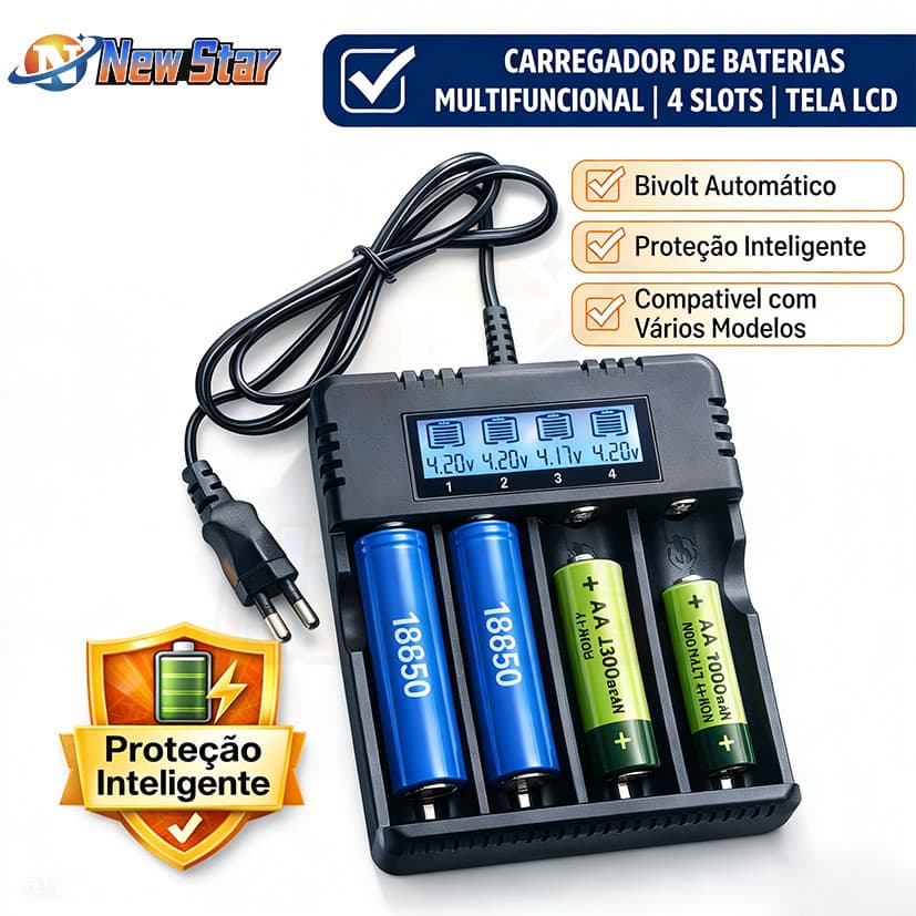 New Star Carregador De Bateria Lanterna Bivolt Display Lcd 4 e 2 Baterias 26650-18650-14500-16340 AA/AAA