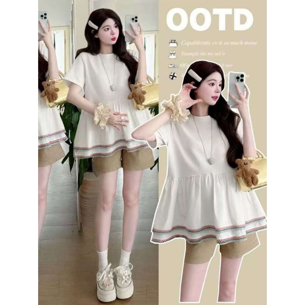 Roupa de maternidade verão doce influenciador pequena camisa solta do bebê manga curta topo com Shorts de levantamento d