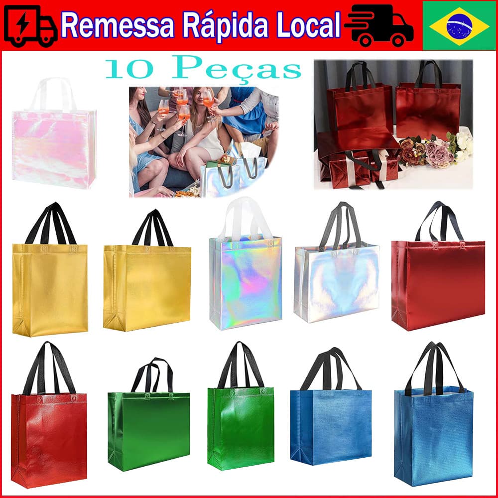 10 Peças sacolas de presente com alças, Bolsa Tote Moda, Bolsa Holográfica Saco De Praia Para Trabalho, Compras, Praia