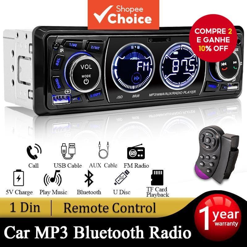  Rádio de Carro Áudio 1din Bluetooth Estéreo MP3 Player Receptor FM Suporte Carregamento de Telefone AUX/USB/Cartão TF