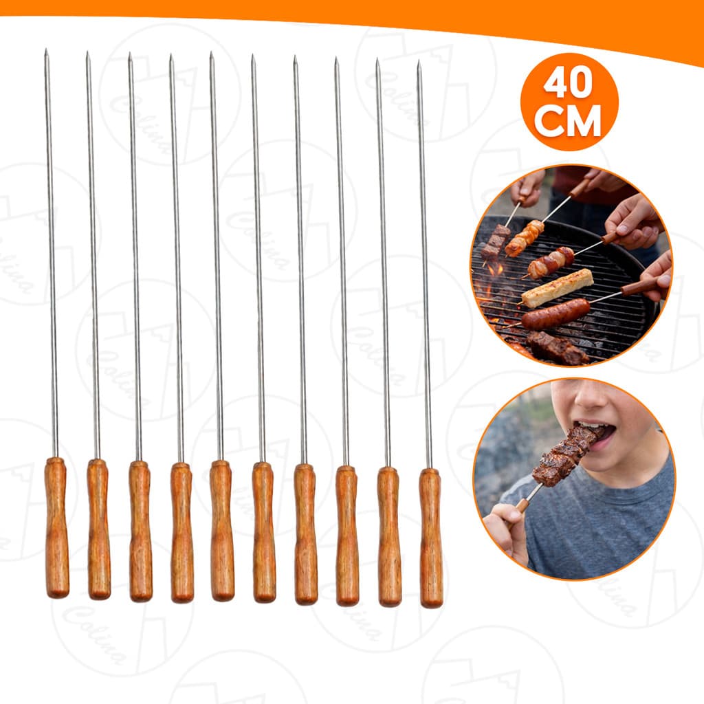 Kit 1/2/4/6/8/10 Mini Espetos Para Churrasco Espetinho Inox Cabo De Madeira 40cm Grill Camping Churrasqueira