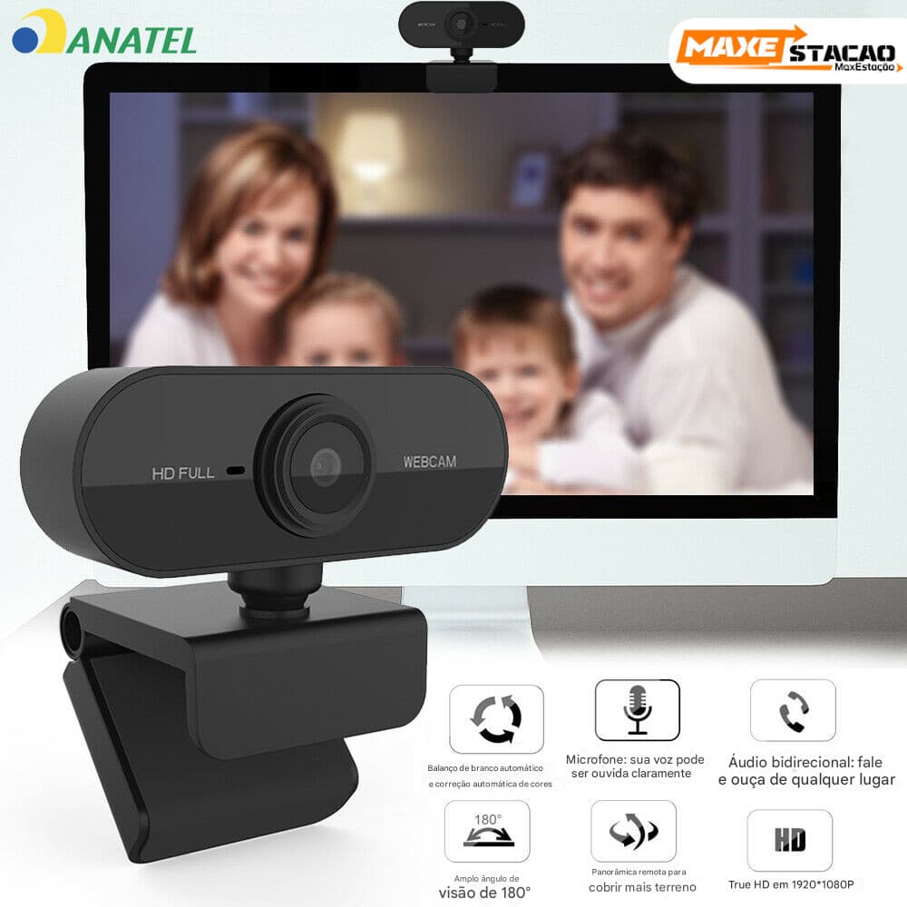 Webcam HD 1080p Microfone 360° Giratória Ajuste Livre para PC Notebook Home Office