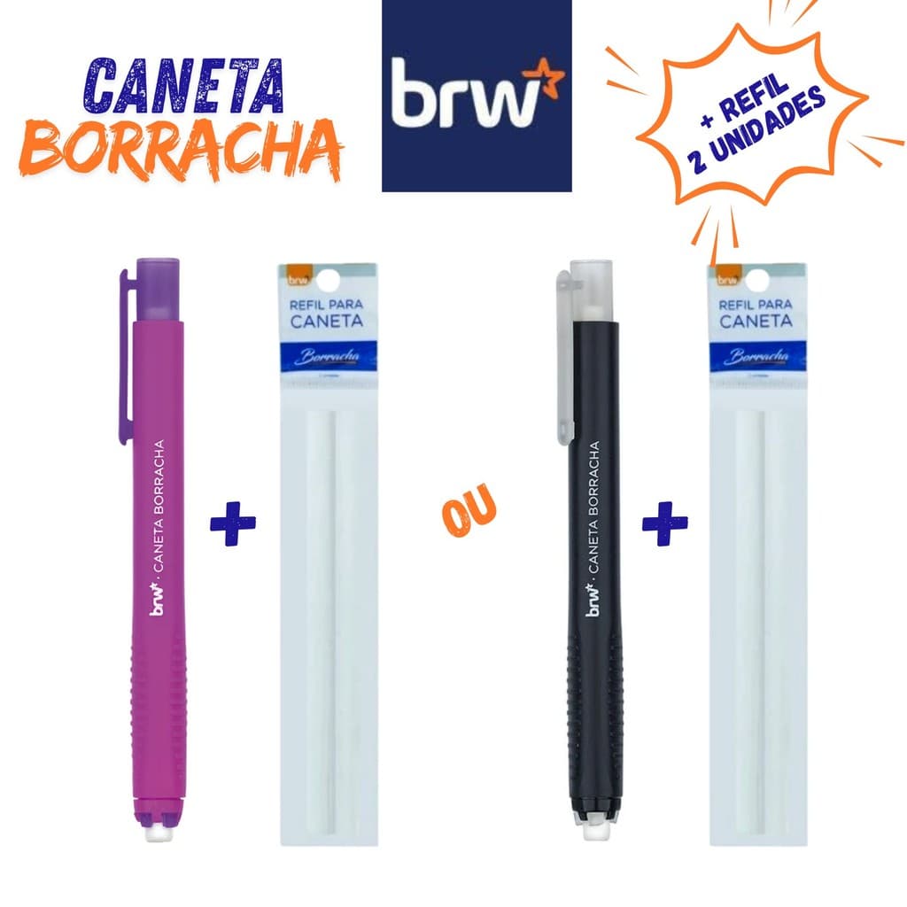 Caneta Borracha Retrátil + Refil Com 2 Unidades BRW - Rosa ou Preta - Escolha sua Opção