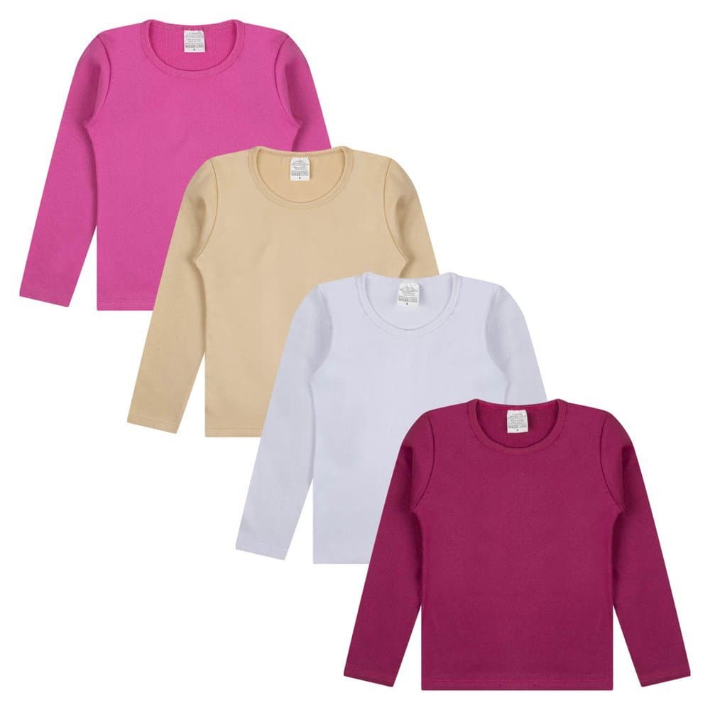 Kit 4 Peças Blusa Manga Longa Infantil Menina Ribana Canelada / Cotton Liso Confortável Alemara