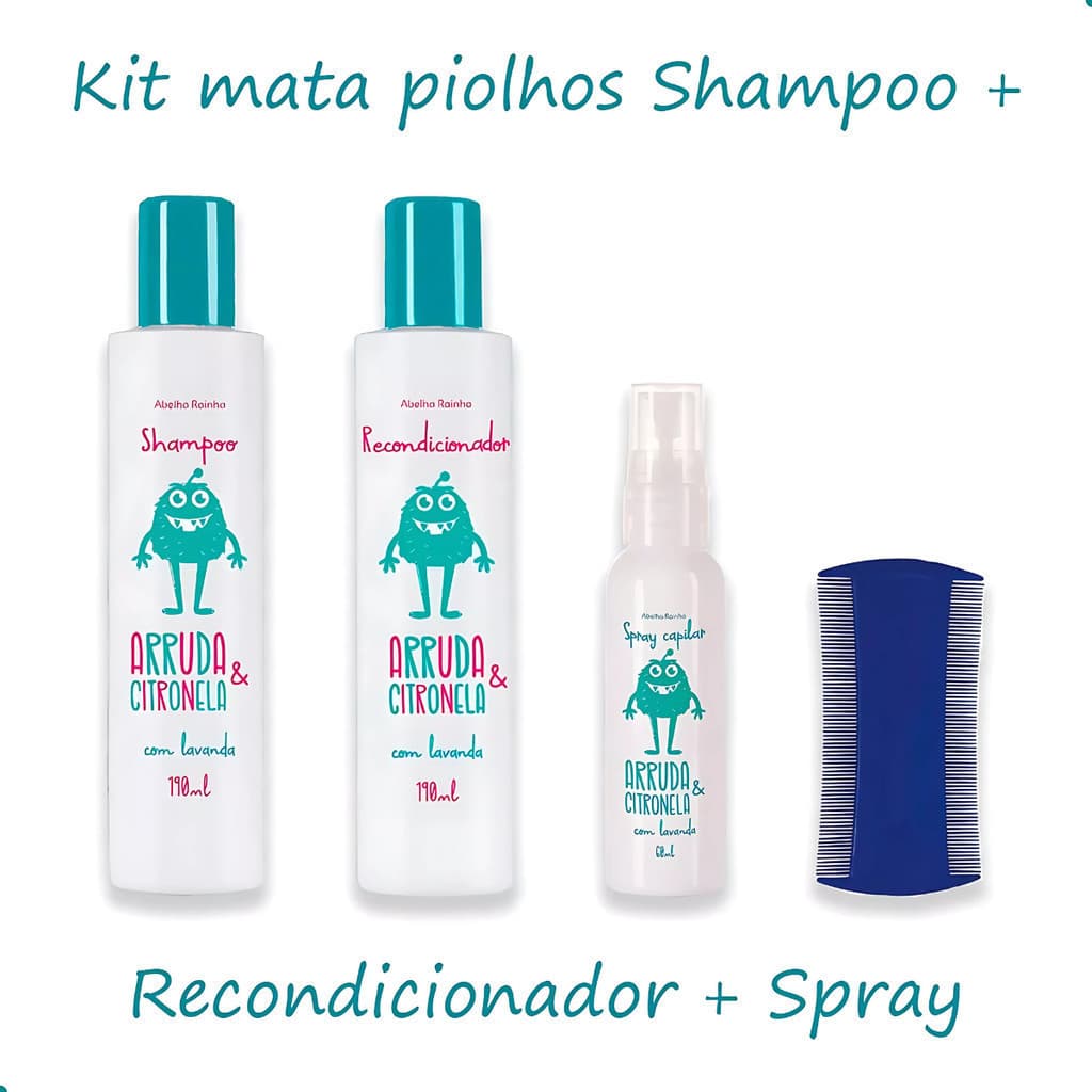 Kit Shampoo + Recondicionador + Spray Arruda e Citronela Abelha Rainha + Pente Fino grátis