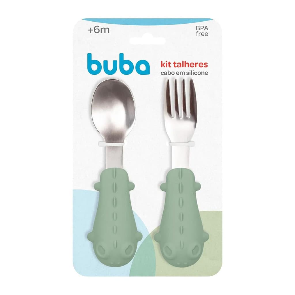 Kit Talheres Colher e Garfo Cabo em Silicone Buba Dino Verde