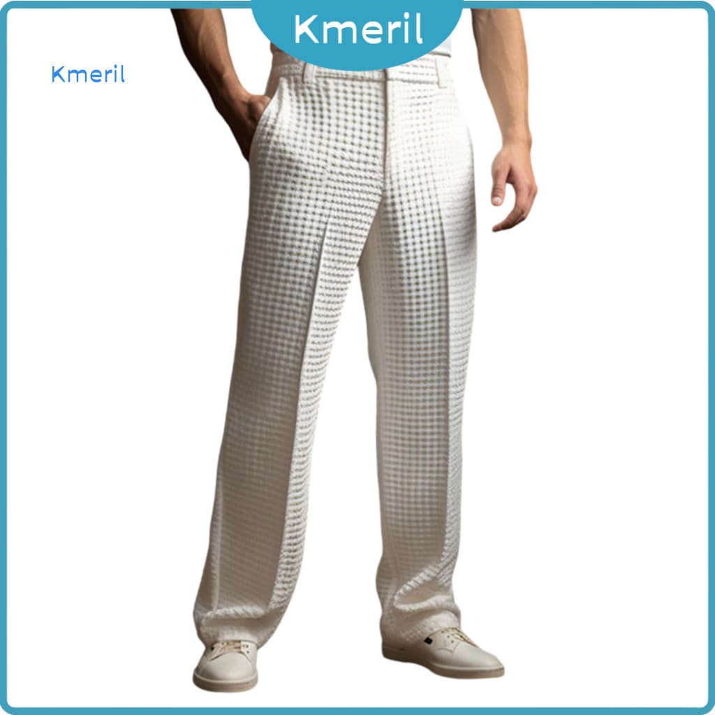 Calça Social Masculina Waffle Cor Lisa Textura Perna Larga Com Alças Para Cinto – Casual De Negócios Escritório D