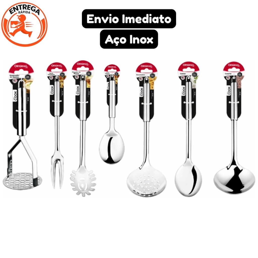 Kit 7 Utensílios De Cozinha Inox Amassador de Batata Escumadeira, Concha, Colher Arroz, Pegador, Garfo