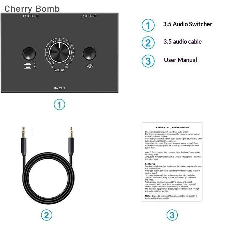 (Cherry Bomb) Comutador De Áudio Estéreo De 2 Vias 3.5 Mm Caixa Divisora De Interruptor Bidirecional 2 Em 1 Saída 1 2 Sa
