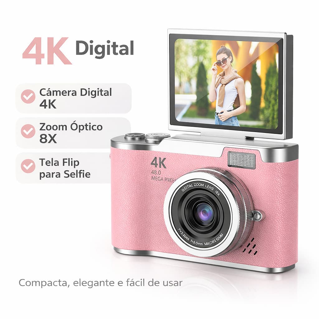 Câmera Digital 4K 64MP com Zoom Óptico 8x Tela Dupla IPS para Foto e Vídeo