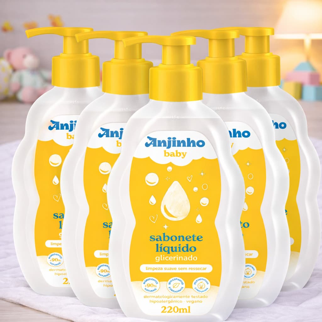KIt 5un Sabonete Líquido Infantil Anjinho Baby Glicerinado 220ml – Hipoalergênico, Vegano, Limpeza Suave Sem Ressecar