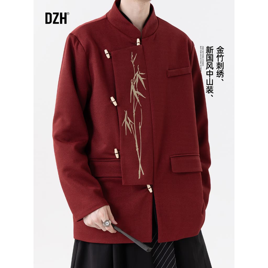 Homens vermelho noivado vestido de casamento terno masculino estilo chinês jaqueta masculina primavera 2026 novo estilo 