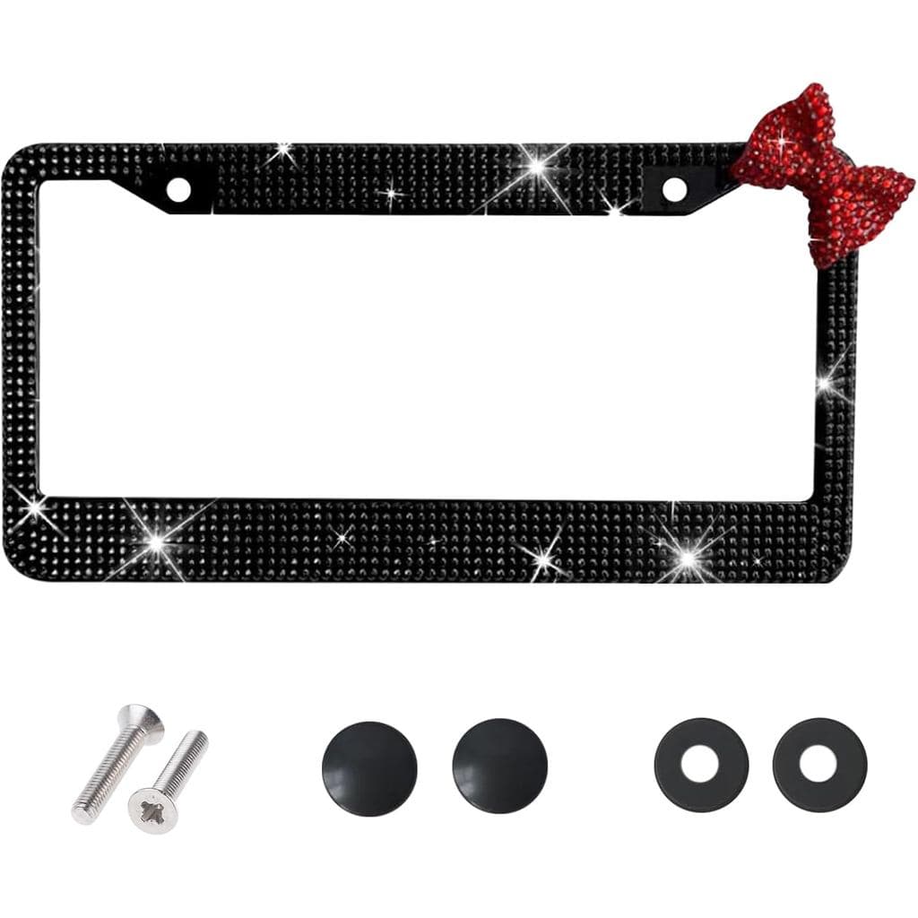 Moldura de Placa de Carro com Strass Brilhante Wanheart, Capa Decorativa de Aço Inoxidável com Laço, Acessório Automotiv