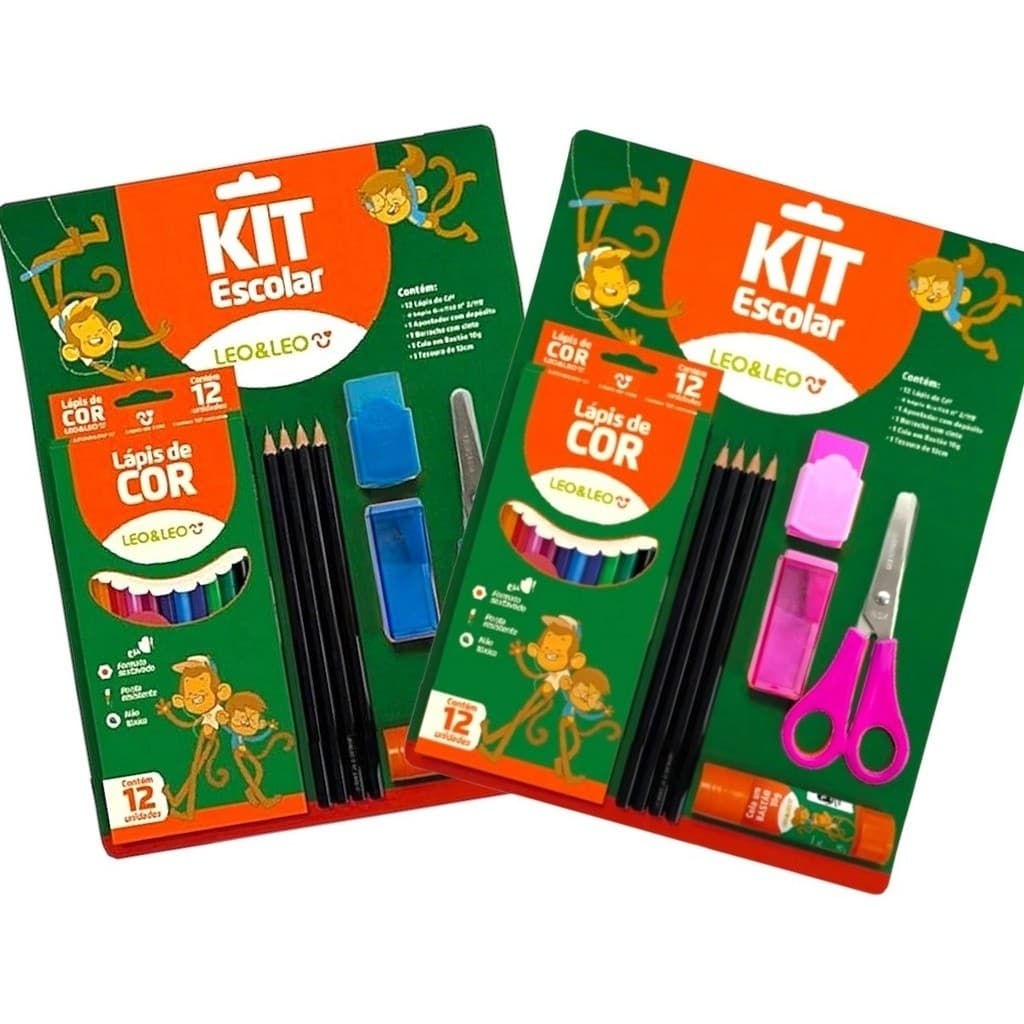Kit Material Escolar 20 Peças 12 Lapis de Cor 4 Lapis grafite HB Apontador Tesoura, Borracha  e cola leo leo Papelaria