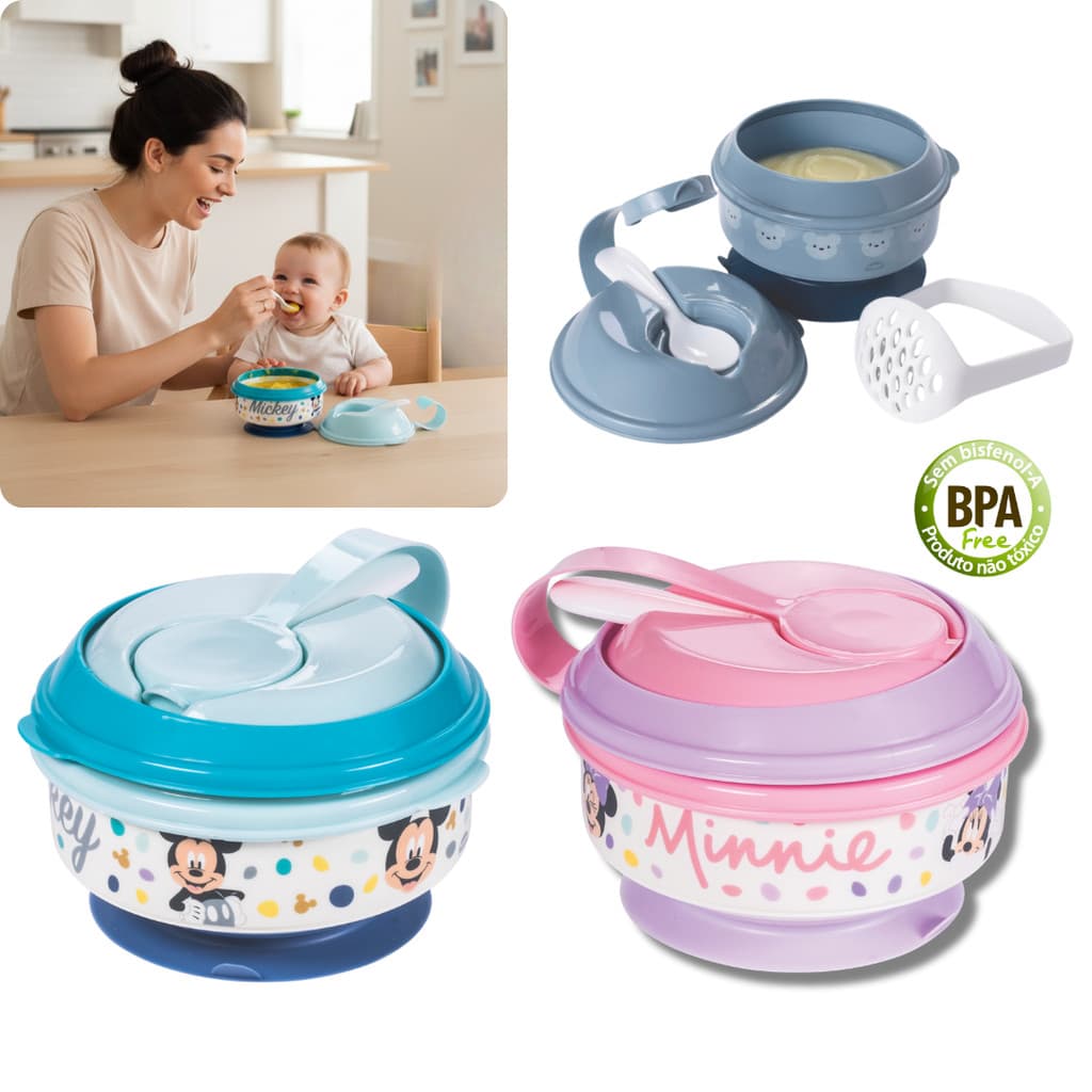 Pote papinha Minnei Mickey sopa c/ amassador ventosa para bebe introdução alimentar livre de BPA