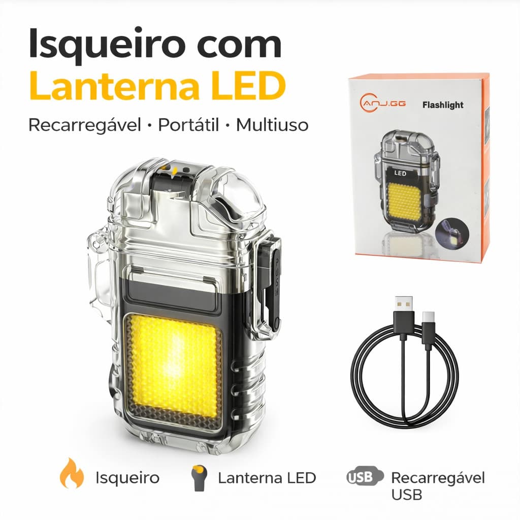 Isqueiro com Lanterna LED Recarregável USB Portátil Multiuso para Camping Emergência