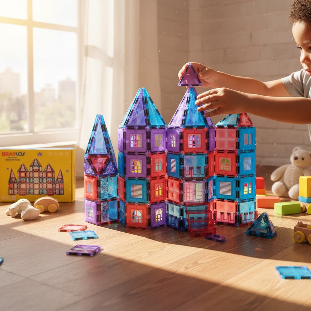 BRASTOY Kit de 104 Peças Blocos Magnéticos Vitral Azul e Vermelha | Tema de Inverno