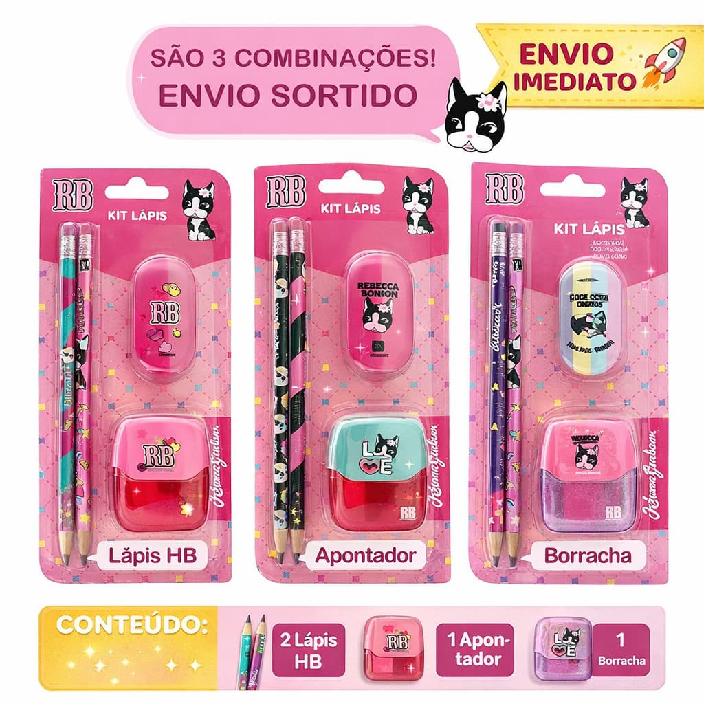 Kit Escolar Material Com 2 Lápis Borracha e Apontador Rebecca Bonbon