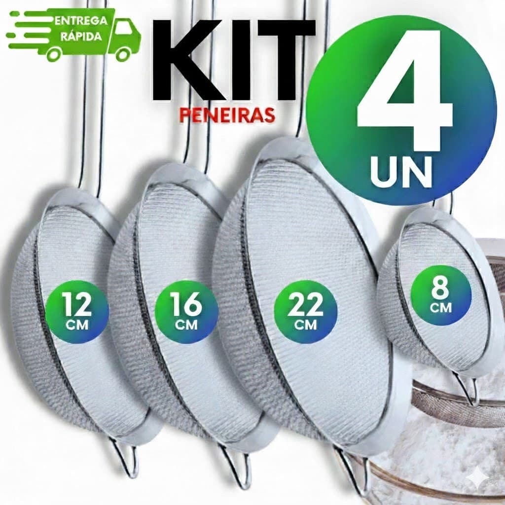 Kit 4 Peneiras Aço Inox 08/12/16/22cm Coador Farinha Suco Confeitaria