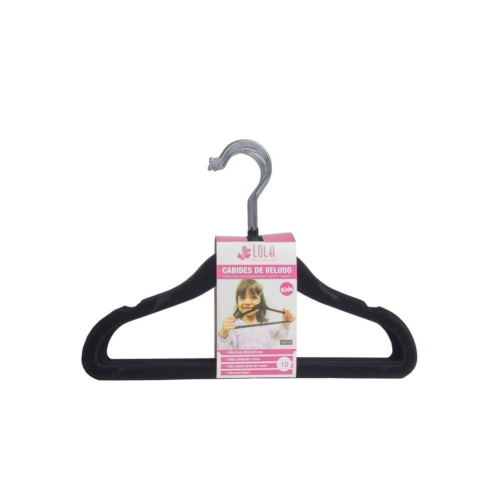 Cabide de Veludo Infantil Preto 30 cm 10 pecas