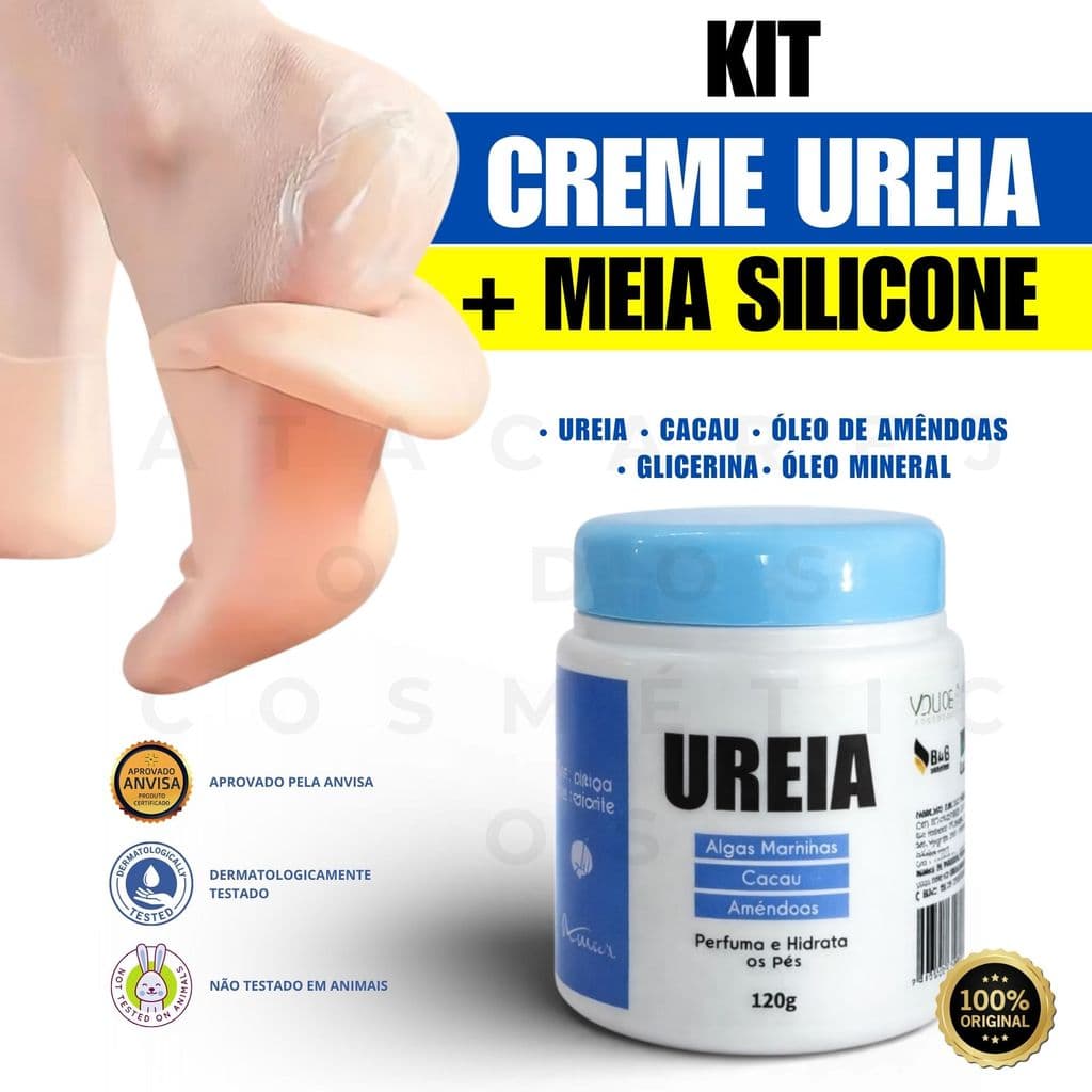 Meia de Silicone + Creme De Ureia Super Hidratante Amar Pés Rachados Secos Ásperos E Ressecados