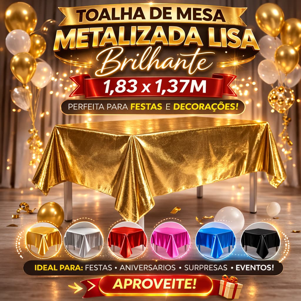 Toalha de Mesa Metalizada Lisa Brilhante 1,83x1,37M festa decoracao enfeite surpresa aniversario