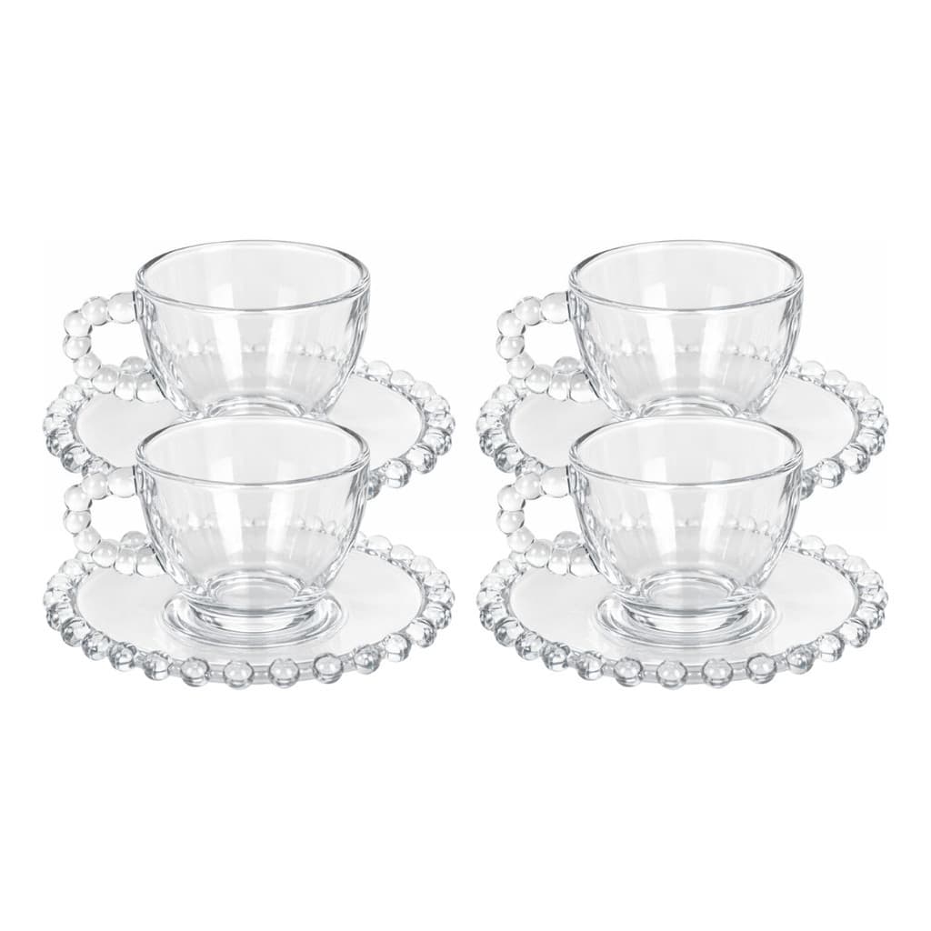 Jogo de Xícaras de Café Pérola 4 Peças com Pires 100ml – Vidro Elegante para Mesa Posta e Uso Diário