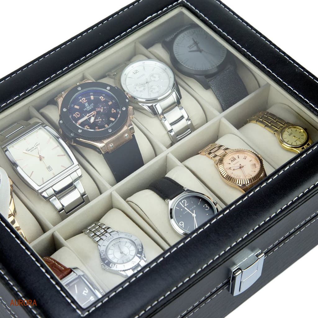 ARJY 12 Slots Caixas De Relógio Caixa Organizador De Exibição De Joias Com Almofadas Removíveis Emolduradas E Trava Segu