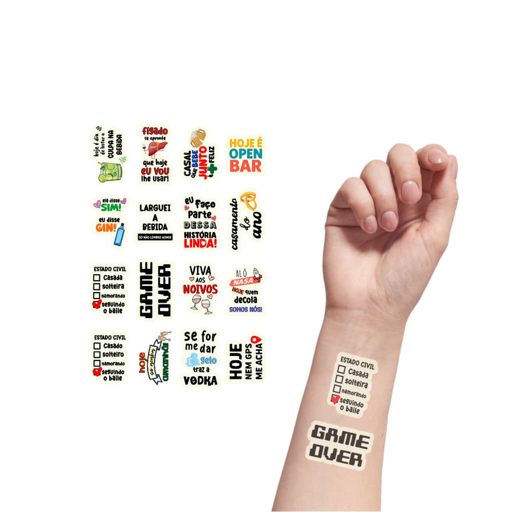 Tatuagem Temporária Casamento Brilho no Escuro | Kit Festa 16-032