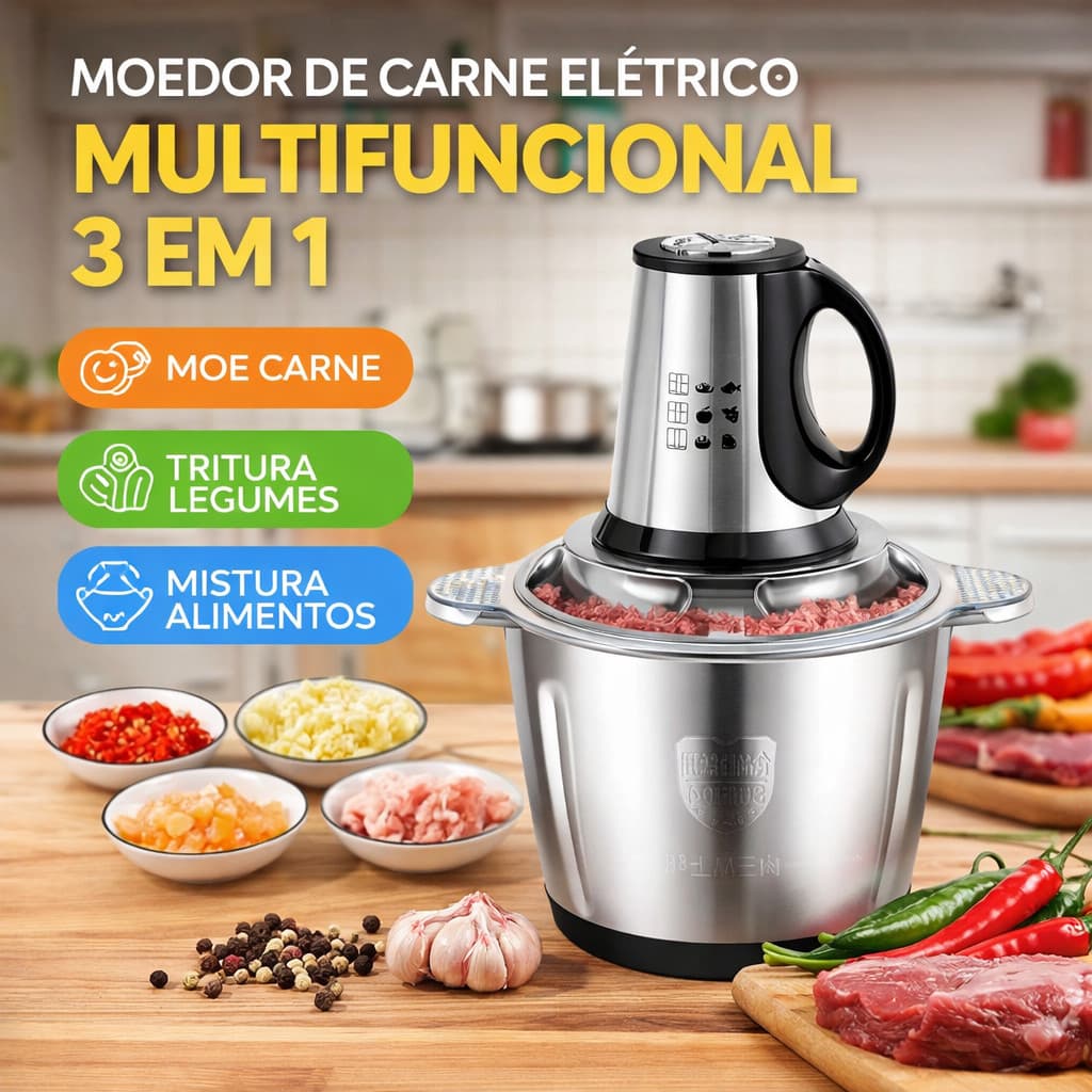 Moedor de Carne Elétrico Multifuncional 3 em 1 para Carne, Legumes e Alimentos – Potente e Fácil de Usar