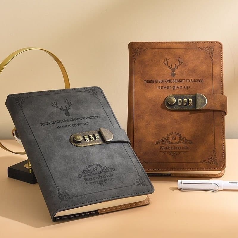 Caderno com cadeado de combinação em formato de cabeça de veado,200 páginas, estilo executivo elegante.