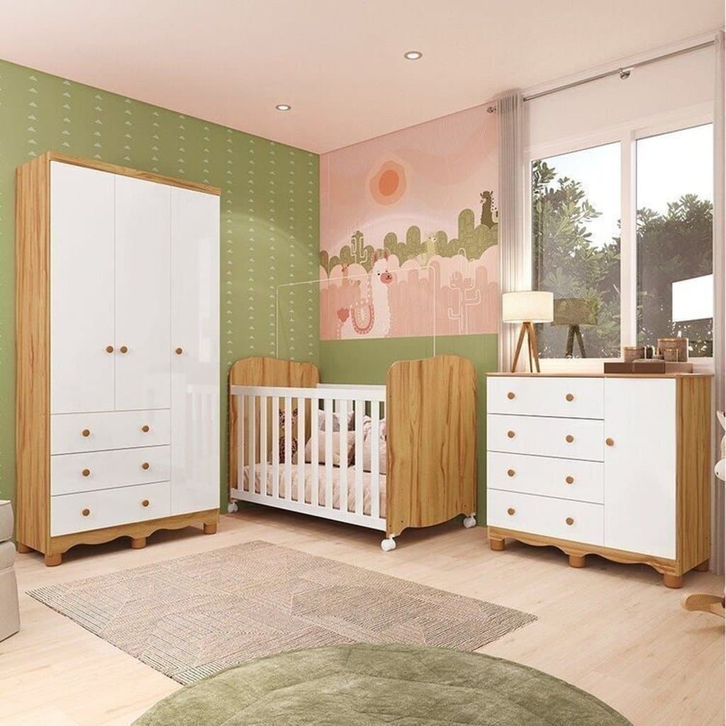 Quarto de Bebê Completo com Guarda Roupa 3 Portas Cômoda e Berço 100% Mdf Mimo Espresso Móveis Branco