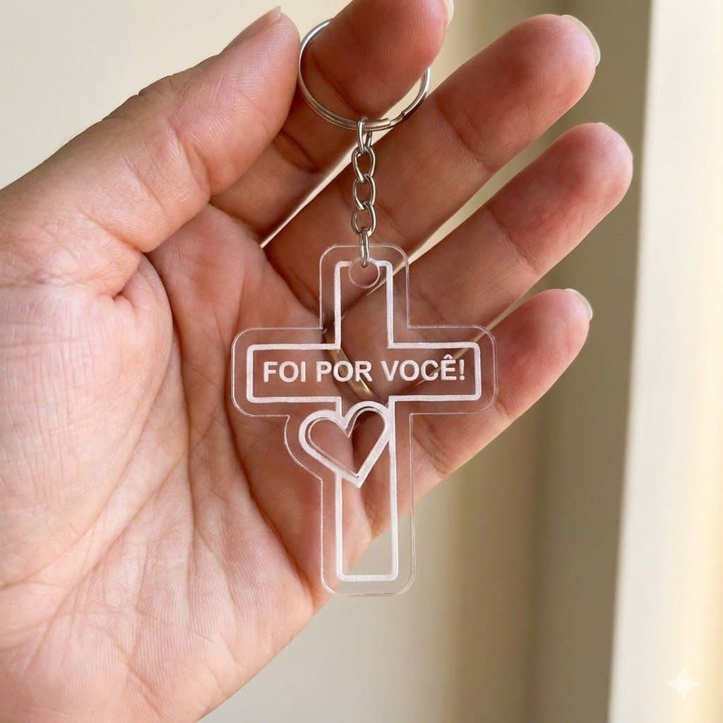 KIT CHAVEIRO CRUZ ACRILICO CRISTAL FOI POR VOCÊ, para decoração, festa, igreja 5cm X 3,7cm