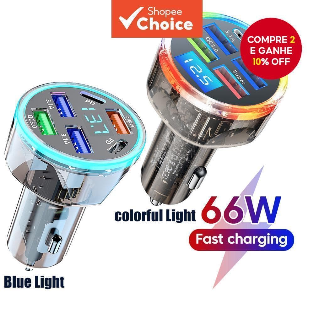 Carregador De Carro USB De 6 Portas 2 Tipo C 4 Tomada Adaptador Rápido Com Display Digital